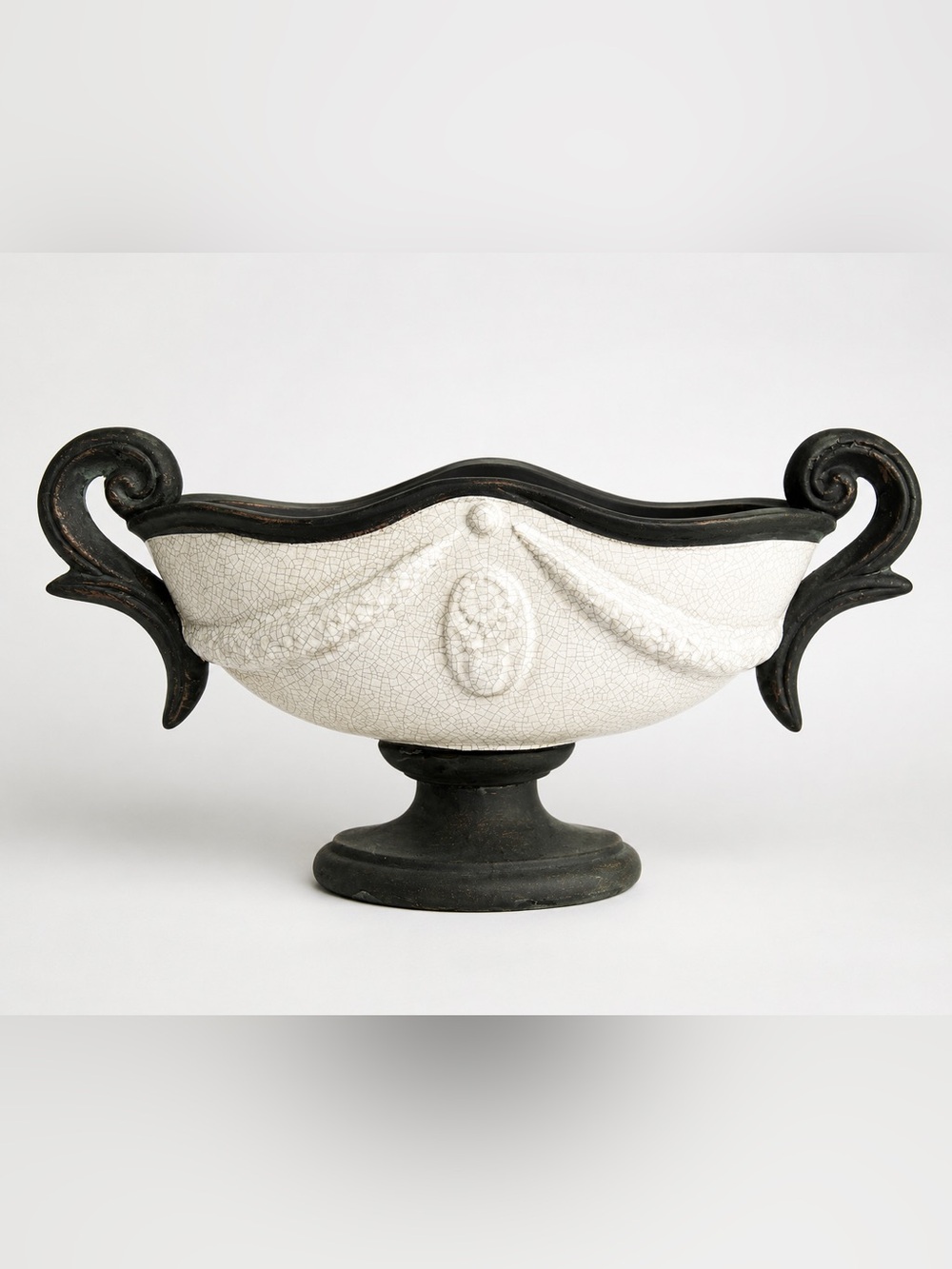 Old World Crackle Glaze Pedestal Compote Bowl w Scroll Handles Tuscan Decor